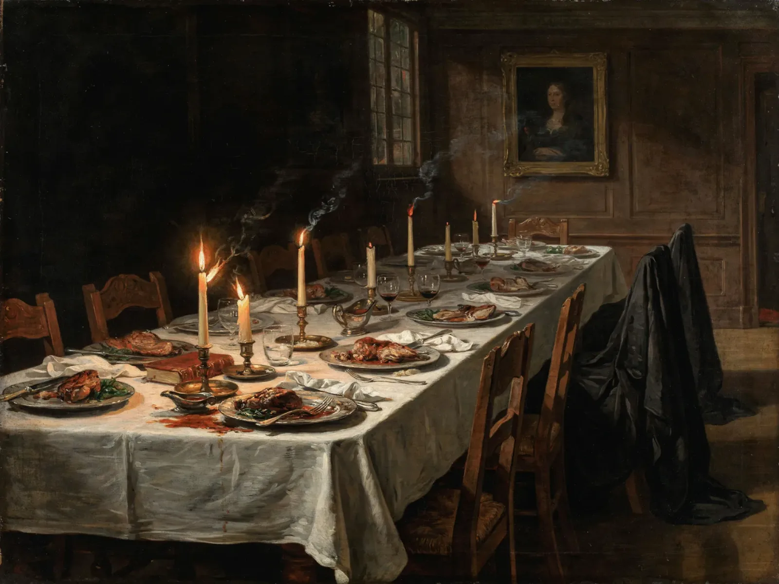 Empty dinner table with burning candles.