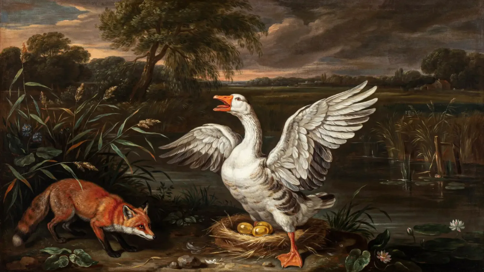 A fox going after a goose's golden eggs.