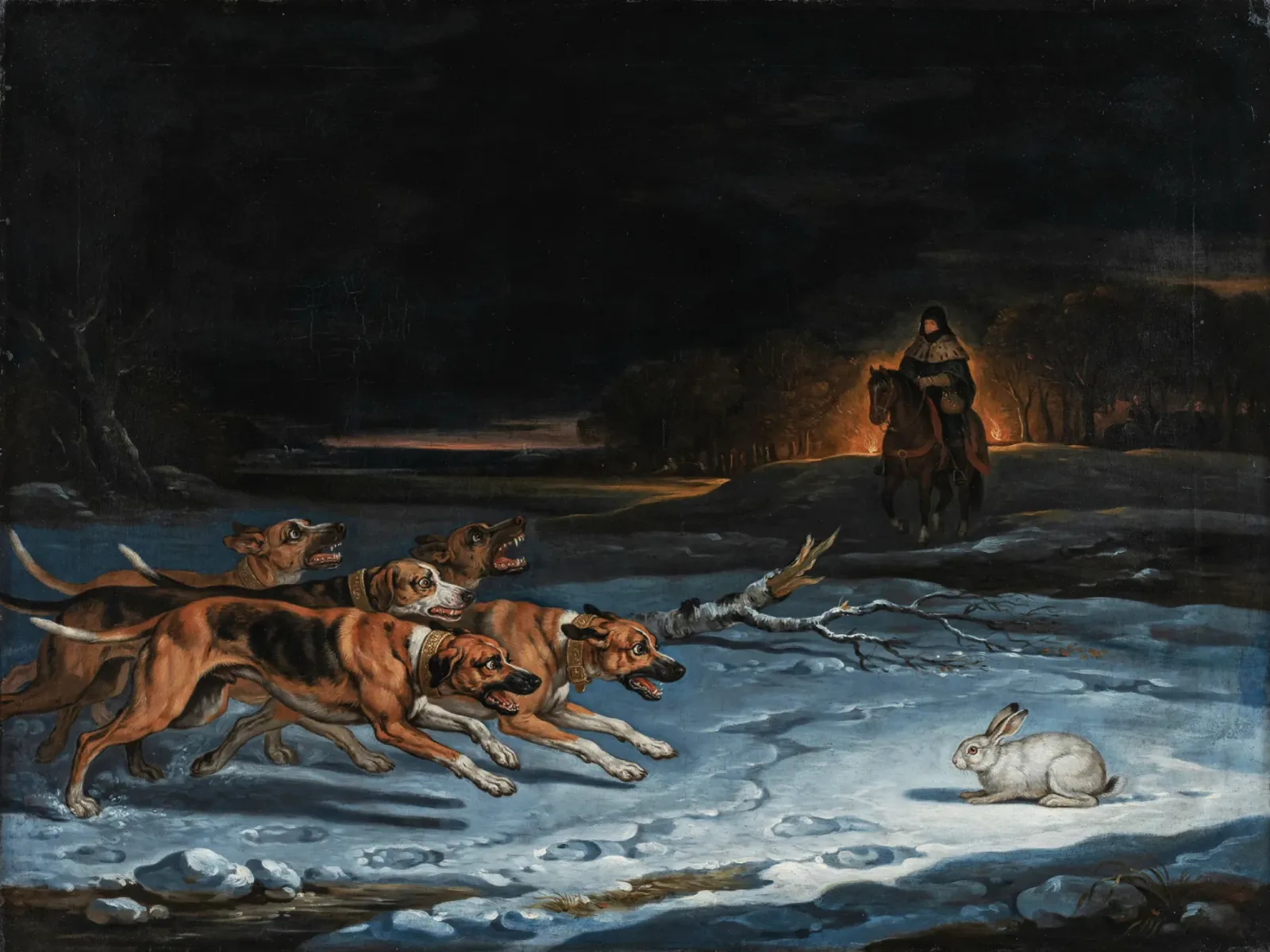 Dogs chasing a rabbit, as ordered by their master