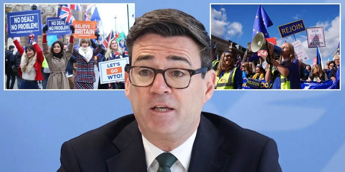 Andy Burnham speaking, set between photos of pro-Brexit protesters with Union flags and pro-EU protesters with EU flags and Rejoin placards.