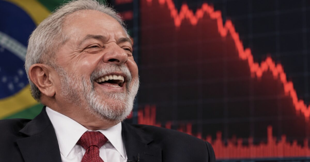 Lula laughing with his mouth open, a Brazilian flag behind him on one side and a red line chart falling on the other.